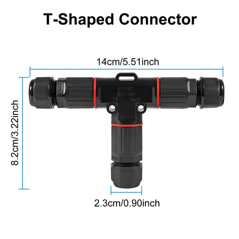 2 Pack Waterproof IP68 Outdoor Wire Connector Two Pin Junction Box Two Way T Shape Cable Connector dimensions view