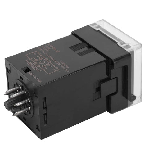 Beefed-Up Time Delay Relay For Industrial Automation And Machinery, Adjustable Cycle Timing, DC 12V Control, Digital Setting, Big Contact Points, Precise Digital Timing For Factory Equipment black relay with clear cover and metal pins