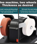 Rock Solid Dual Wheel Electric Bench Sander And Belt Polisher With Quick Dial Speed Control showing 100-mesh coarse and 120-mesh fine wheels.