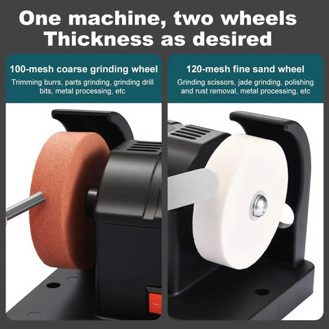 Rock Solid Dual Wheel Electric Bench Sander And Belt Polisher With Quick Dial Speed Control showing 100-mesh coarse and 120-mesh fine wheels.