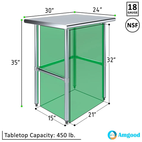 24 Inch By 30 Inch Heavy Duty Stainless Steel Work Table With Open Base For Commercial Kitchens And Garage Workshops diagram with dimensions.