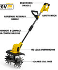 Cordless Garden Tiller Cultivator Compatible With 20V Battery Tool Only, featuring ergonomic and auxiliary handles, 48 steel tines