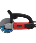 Super Tough 3000W Corded Electric Concrete Saw With Integrated Water Pump And Blazing 7000 RPM Motor For Clean Marble Brick And Masonry Cuts On Real Work Sites, showing side view with gray cutting blade.