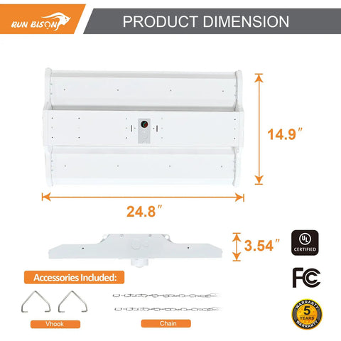 Top Shelf 2 Foot Led Linear High Bay Shop Lights With Smart Motion Sensor 155W dimensions 24.8x14.9x3.54 inches included Vhook and chain