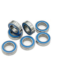 Deep Groove Ball Bearings 8x16x5mm For RC Cars And Trucks, Blue Sealed 2RS 10 Pack, shown in scattered arrangement