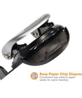 EZ Squeeze Reduced Effort Two Hole Punch with Easy Clean Chip Tray, metal body, home or office use, close-up bottom view.