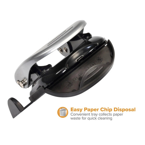 EZ Squeeze Reduced Effort Two Hole Punch with Easy Clean Chip Tray, metal body, home or office use, close-up bottom view.
