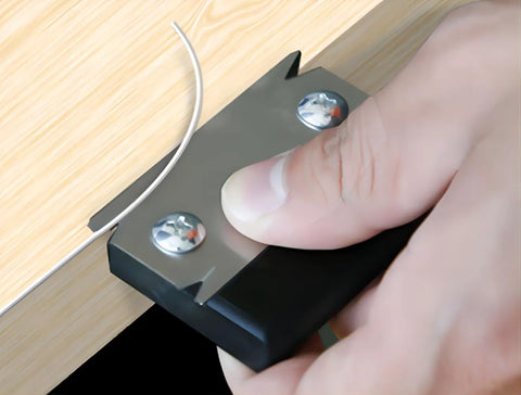 KETIPED woodworking edge trimmer in use; handheld deburring tool trimming veneer edge on wood, metal body, black handle