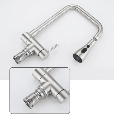 GAZOGJ Black Foldable Kitchen Mixer Tap - Modern 1 Hole Faucet with 3 Sprays & Rotating Spout, stainless steel finish.
