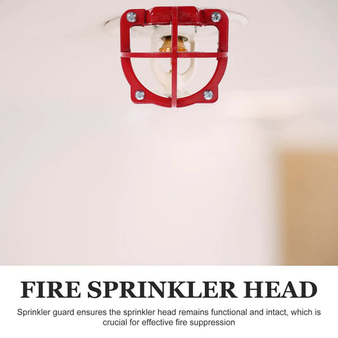 Bulldog Tough Fire Sprinkler Head Cage Guard and Protector for 1/2 Inch Iron Pipe in Bright Red Finish mounted on ceiling.