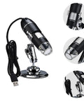HD 1600x Magnification USB Digital Microscope With LED Light, ABS body, 360-degree U-shaped stand, ideal for students and hobbyists.