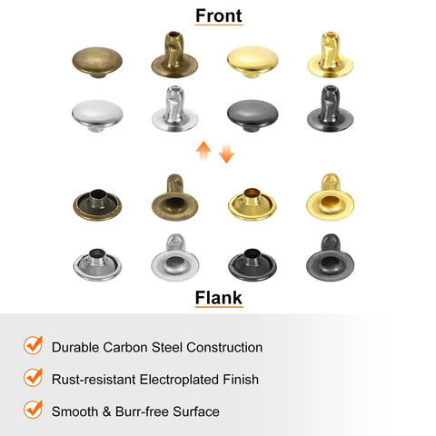 3mm Single Cap Rivets In Gunmetal Finish, featuring various colors and flanks for DIY leather projects and repairs.