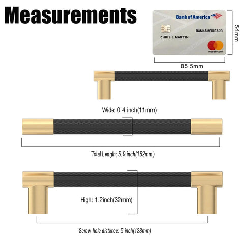 Diagram showing measurements of 10 Pack Black And Gold Knurled 5 Inch 128mm Hole Center Cabinet Handles, including length and width.