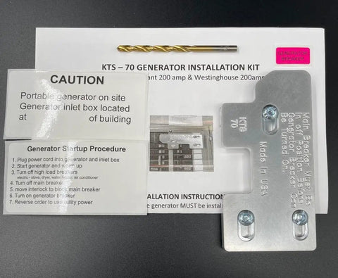 WR-70 Generator Interlock Kit For 200 Amp Panels That Plays Nice With Bryant Or Westinghouse Billet Aluminum Made In USA Includes All Mounting Hardware And Drill Bit Panel Stickers Installation Instructions NEC Article 702 Compliance; mounting hardware, drill bit, and instruction manual visible