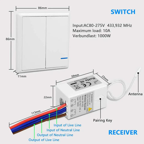 Wireless Light Switch And Receiver Kit No Wiring No WiFi For LED Lights Outdoor IP66 Waterproof Remote Control Wall Switch 2 Gang