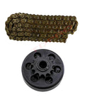 Sick 5/8 Bore 10 Tooth Centrifugal Clutch Drops Right Onto Your Gokart Or Drift Trike Rig With Pro Grade 428 Chain Kit Predator 212 Clone Engine Swap Delivers Beast Mode Power For Minibike And Fun Cart Whips. Image of black centrifugal clutch and metal chain.