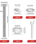 10 Pack 3/8-16 X 4 Inch 304 Stainless Steel Fully Threaded Hex Head Bolts With Sealing Washers Nuts And Wrench Included For Auto Repair And DIY Projects, shown with dimensions