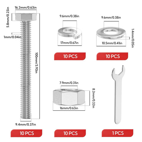 10 Pack 3/8-16 X 4 Inch 304 Stainless Steel Fully Threaded Hex Head Bolts With Sealing Washers Nuts And Wrench Included For Auto Repair And DIY Projects, shown with dimensions