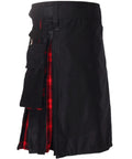 Men's Black MacLachlan Hybrid Kilt With Leather Straps And Detachable Cargo Pockets Hella Comfy 100 Cotton Build Featuring Fast Snaps And Heavy Chain Details For A Top Shelf Streetready Fit 42 Inch side view with red plaid lining and cargo pockets