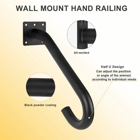 Half U Metal Handrails for Outdoor Steps and Indoor Stairs Wall Mount Safety Rail, black powder-coated finish.