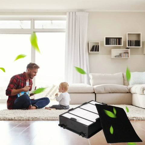 Carbon Pre Filter Replacement Set For Holmes HAPF600D Series And Bionaire Air Purifiers in a living room with family.