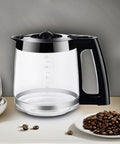 12-cup glass replacement coffee carafe with black lid and handle, compatible with Hamilton coffee makers