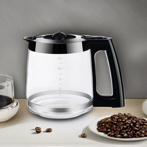 12-cup glass replacement coffee carafe with black lid and handle, compatible with Hamilton coffee makers