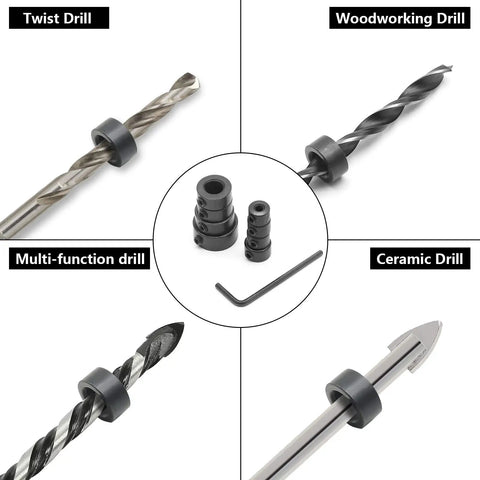 8 Piece Drill Bit Depth Stop Collar Set with Allen Key for precise drilling, shown with various drill types and metal shaft collars.