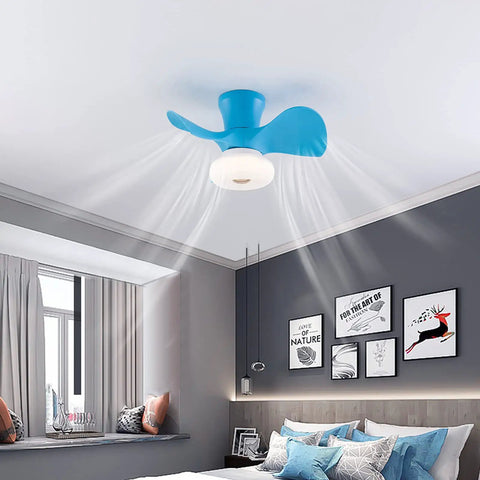 Ceiling Fan with Light 22 Inch 6 Speeds Timing 3 Color Temperatures for, blue design, mounted in a modern bedroom.