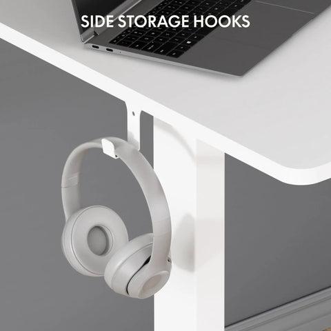 FLEXISPOT 40x24 Inch Electric Standing Desk White Ergonomic Height Adjustable with side storage hooks for headphones.