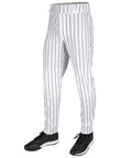 Pro Weight Four Way Stretch 14 Ounce Tapered Baseball Pants For Adults White With Black Pinstripes Open Bottom Tailored Fit TEK KNIT