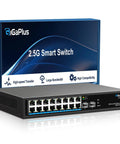 Front view of 18 Port 2.5Gb Unmanaged Ethernet Switch With 16 2.5G Base T Ports And 2 10G SFP Plus Uplinks, shown with packaging.
