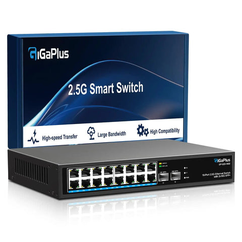 Front view of 18 Port 2.5Gb Unmanaged Ethernet Switch With 16 2.5G Base T Ports And 2 10G SFP Plus Uplinks, shown with packaging.