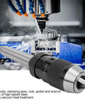 Self Tightening Lathe Drill Chuck 16mm B18 With MT3 Connecting Rod next to a milling machine in operation