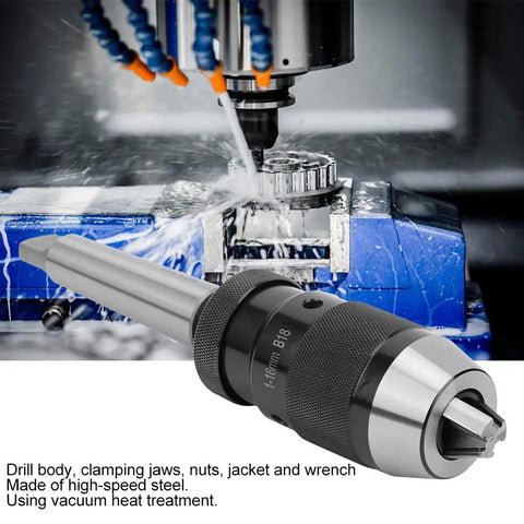 Self Tightening Lathe Drill Chuck 16mm B18 With MT3 Connecting Rod next to a milling machine in operation