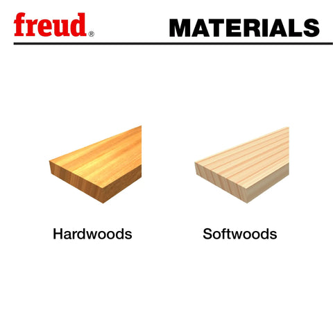 Freud materials: hardwood and softwood examples with labels for woodworking.