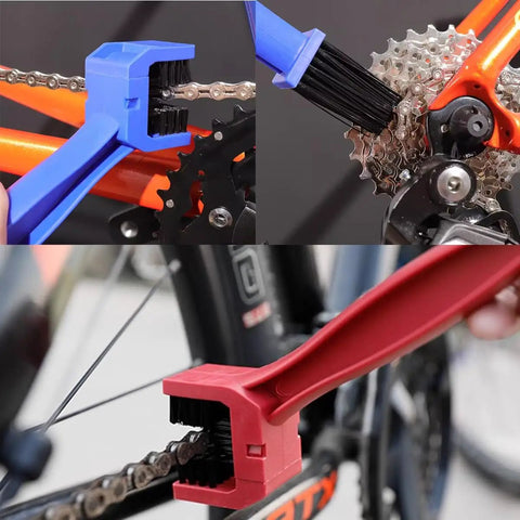 Bike Chain Cleaning Tool Set With Sprocket Scraper Sprocket Brush And Chain Cleaning Brushes in use on bike chain
