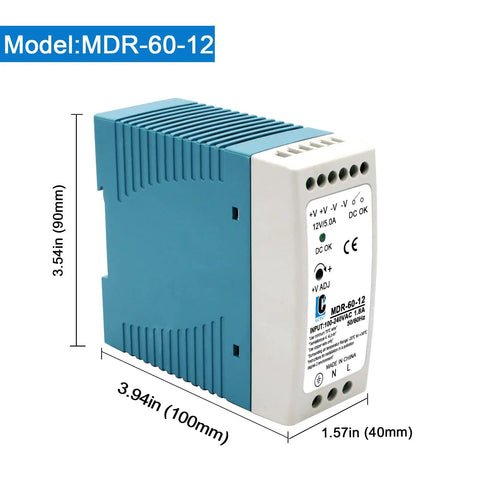 12V DC DIN Rail Power Supply 60W 5A, 100-240VAC Input, 12V Output, 50/60Hz Switching Converter, dimensions shown.