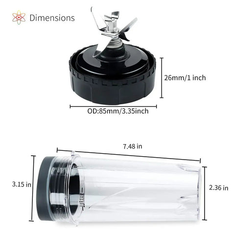 Dimensions of 6 Fin Blender Blade Assembly Replacement For BL770 BL780 BL660 With 3.35 Inch Base Includes 2 Pack 16 Oz Cups
