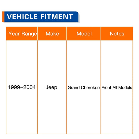 Vehicle fitment chart for Front Wheel Hub Bearing Assembly Direct Fit For Jeep Grand Cherokee 1999 2000 2001 2002 2003 2004