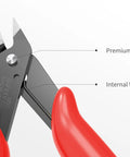 Close-up of Five Piece Micro Flush Cutters Set For Electronics Projects And Jewelry Making, red handles, internal wire spring points