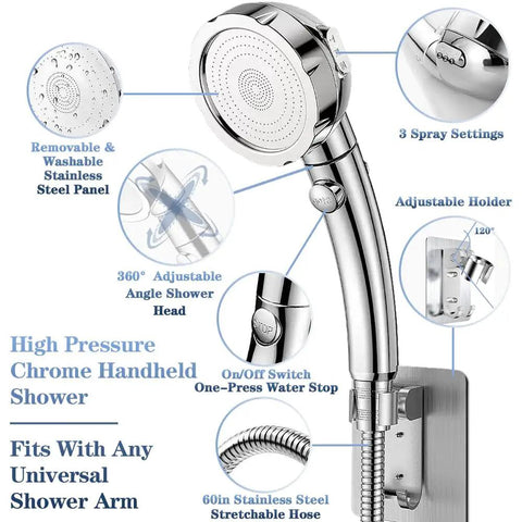 Detachable Handheld Shower Head With Hose And Holder, High Pressure Shower Head With 3 Spray Modes And On Off Switch, Water Saving Pause Feature, Easy Install, Three Pack Set diagram