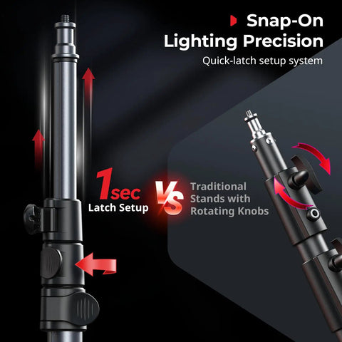 Close-up of Adjustable Light Stand for Photography with quick-latch system for 8.8 lb gear, supporting up to 74.8 inches