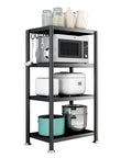 Badass Heavy Duty Carbon Steel 4 Tier Adjustable Storage Shelf Free Standing Metal Shelving Rack with microwave and containers.