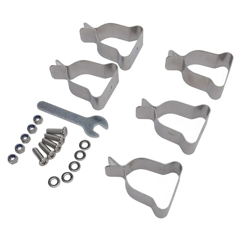 Rock Solid Heavy Duty Window Well Cover Clamps Plus Spring Clips Crafted From Cold Rolled Steel With Zinc Plating For Corrugated Metal And Plastic Wells Perfect For Any Outdoor Job Site To Secure Covers Tight and Tough 5 Pack, with screws and wrench