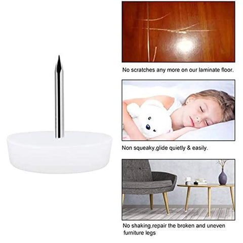 Heavy Duty White Nylon Furniture Sliders Nail On Chair Leg Protectors Floor Glide Pads With Bulletproof Grip Silky Smooth Glide Scratch Shield Table Guards 30 Pack with steel spike for easy installation.