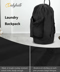 Black durable nylon laundry backpack with drawstring closure and mesh pocket on display, large capacity hamper bag for travel