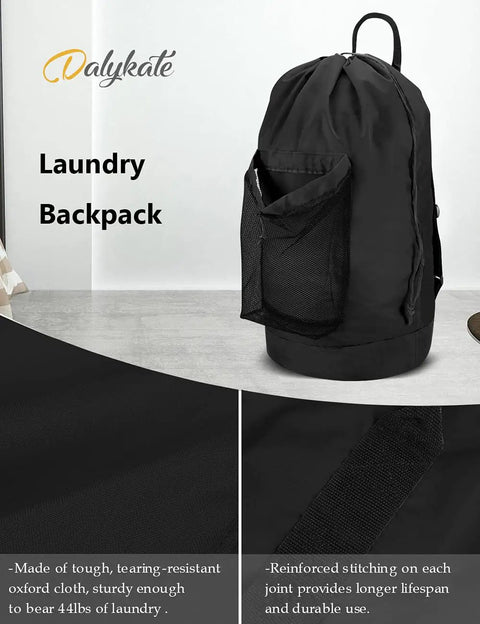 Black durable nylon laundry backpack with drawstring closure and mesh pocket on display, large capacity hamper bag for travel