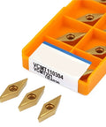 High Performance 10 Pcs VCMT110304 Carbide Turning Inserts For Stainless Steel CNC Lathe With Epic Wear Resistance and Sweet Cutting Results, shown in a case.