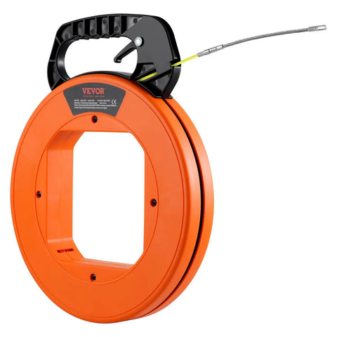 200 Ft Fiberglass Fish Tape For Electrical Wiring Glides Through Tight Cavities Like A Charm With Flexible Non Conductive Line Snake Built For Stress Free Cable Routing And Quick Jobsite Upgrades No Sweat showing orange reel and hook.